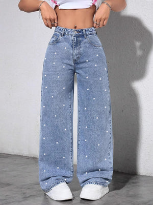 Women's Autumn/Winter Pearl-Embellished Wide-Leg Jeans
