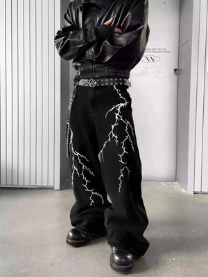 Embroidery Lightning Pattern Loose Jeans