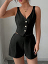 Stylish And Slimming Two-piece Set Of Button-down Vest And Shorts In Solid Color For Commuting.