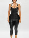 Imitation Leather Halter Neck And Backless Skinny Capri Pants 2-piece Sets