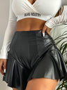 PU Leather Spliced Wavy Hem High-waisted Hip Lift Shorts