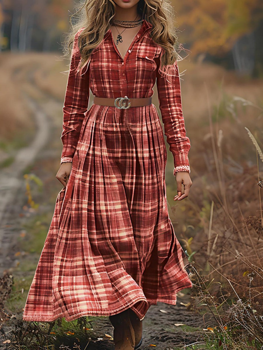 Red Plaid Shirt Waist Western Country Style Casual Midi Dress