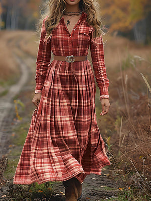 Red Plaid Shirt Waist Western Country Style Casual Midi Dress