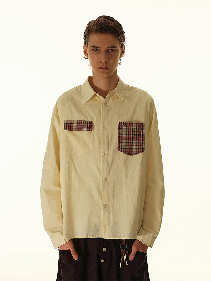 College Style Loose Plaid Splicing Vintage Long-sleeved Shirt