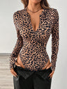 Leopard Print Sexy Tights Linked Fingers Long Sleeve Zipper Jumpsuit