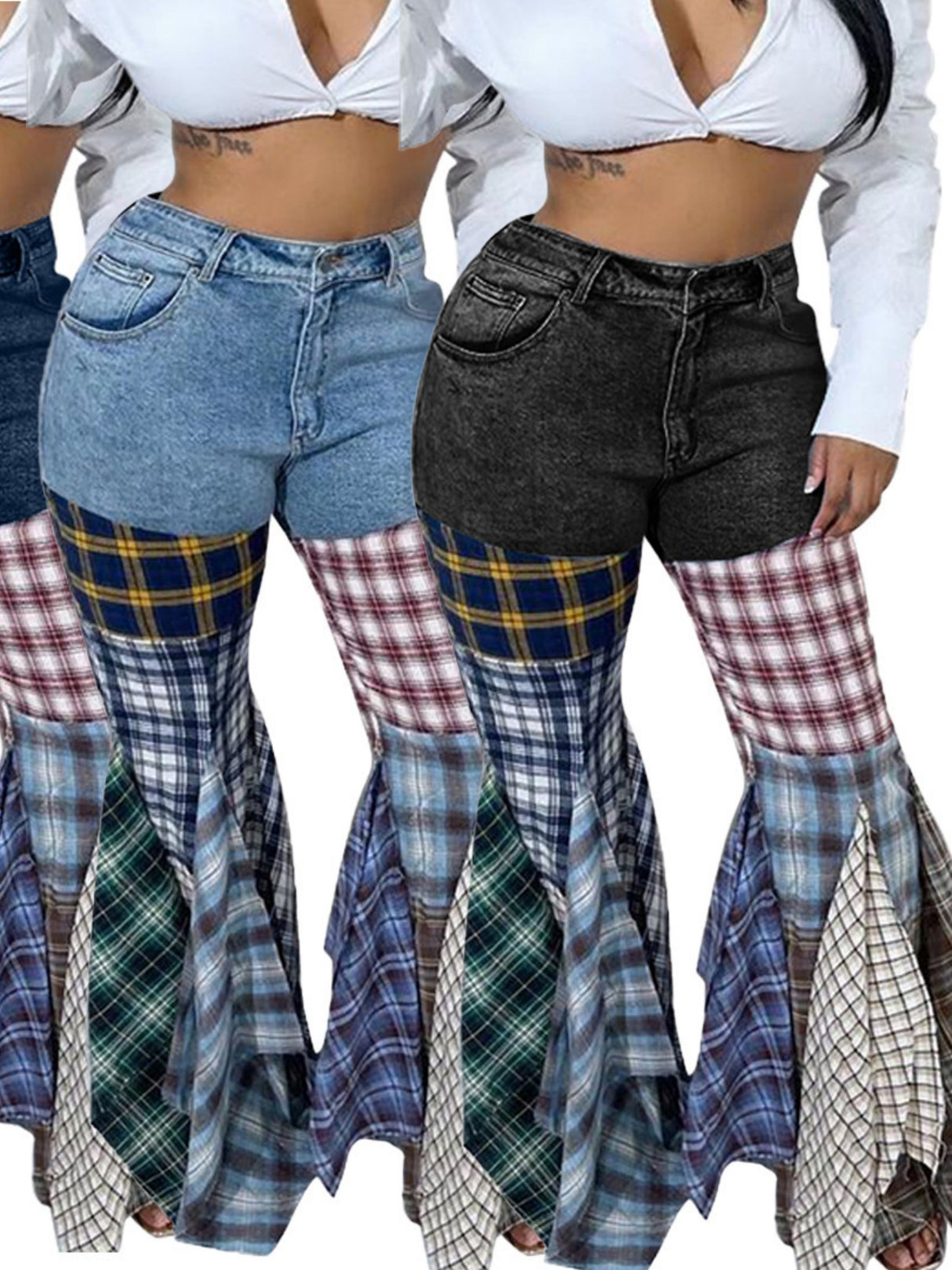 Houndstooth Pattern Flared Pants Ruffle Jeans