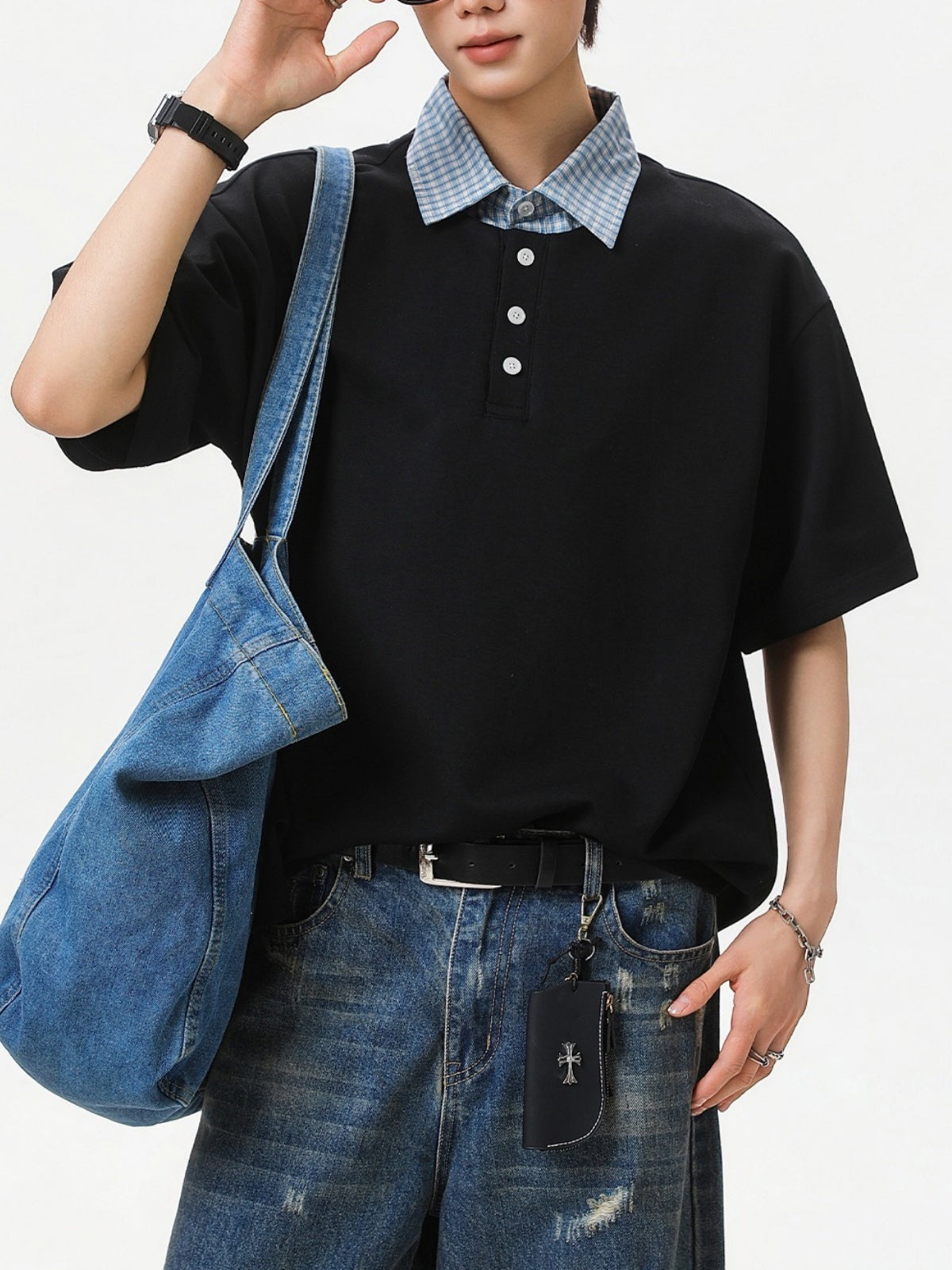 College Style Layered-look Color-blocked Plaid Polo Shirt