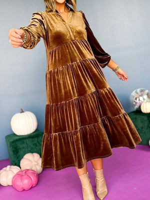 Velvet V-neck Multi-layer Ruffles Maxi Dresses