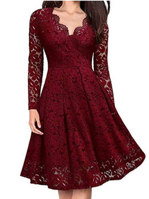 Christmas Long Sleeve Lace Solid Color Midi Dresses