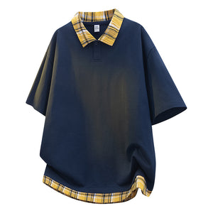 Layered-look Patchwork Plaid POLO Shirt