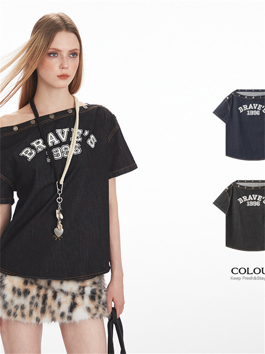 Liber Summer Women's Buttons Letters/Numbers/Words T-shirts