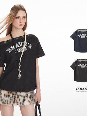 Liber Summer Women's Buttons Letters/Numbers/Words T-shirts