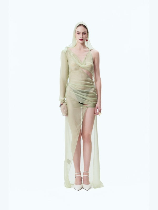 Silk Padded-shoulder Hooded Backless Slit Maxi Dress