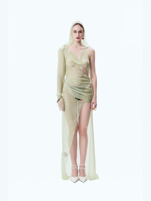 Silk Padded-shoulder Hooded Backless Slit Maxi Dress