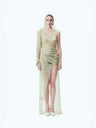 Silk Padded-shoulder Hooded Backless Slit Maxi Dress