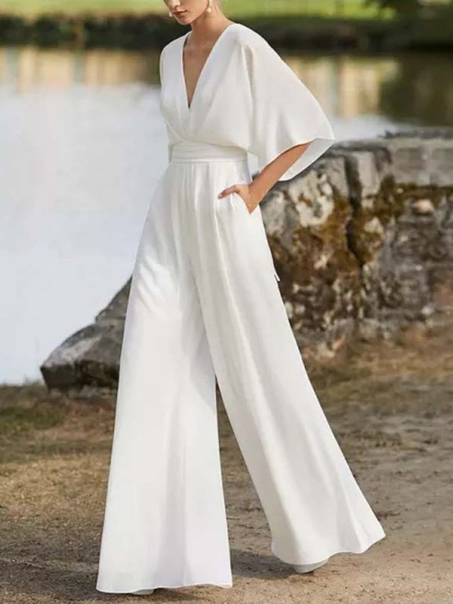 Asymmetrical Placket, Mid-waist, Short-sleeved, V-neck, Elegant Work Jumpsuit