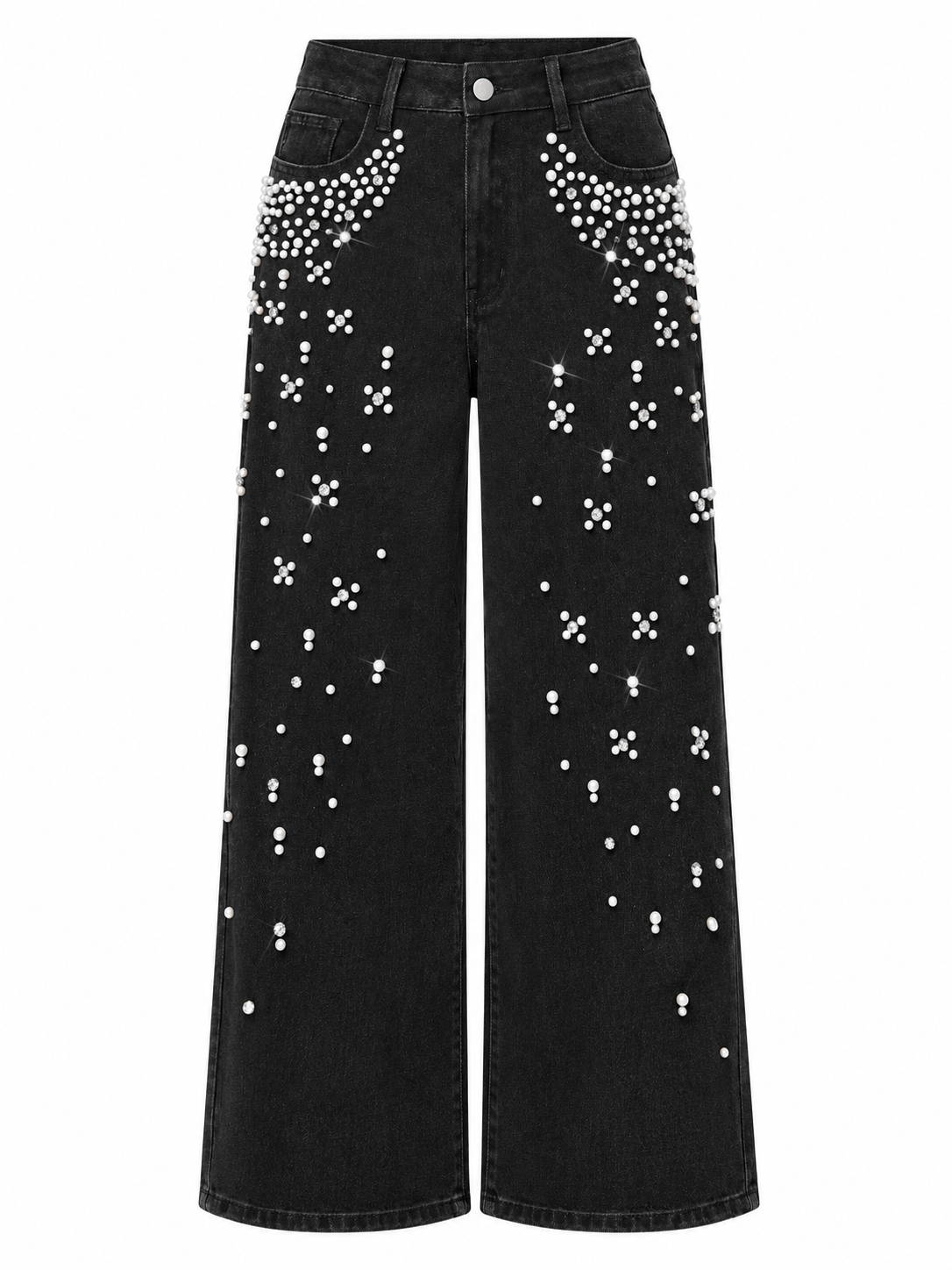 Women's Autumn/Winter Beaded High-Waisted Wide-Leg Jeans