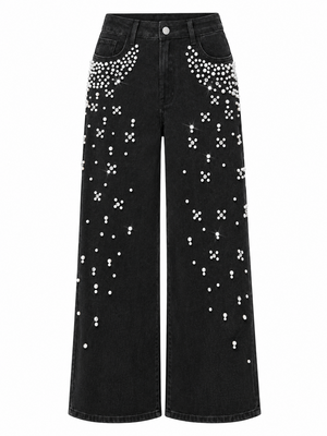 Women's Autumn/Winter Beaded High-Waisted Wide-Leg Jeans
