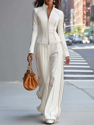 White Solid Color Rayon Slim Fit Casual Sports Long-sleeved Two-piece Set