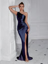 High-end Party Dress With One-shoulder Pleats, Fitted Design, And Slit.