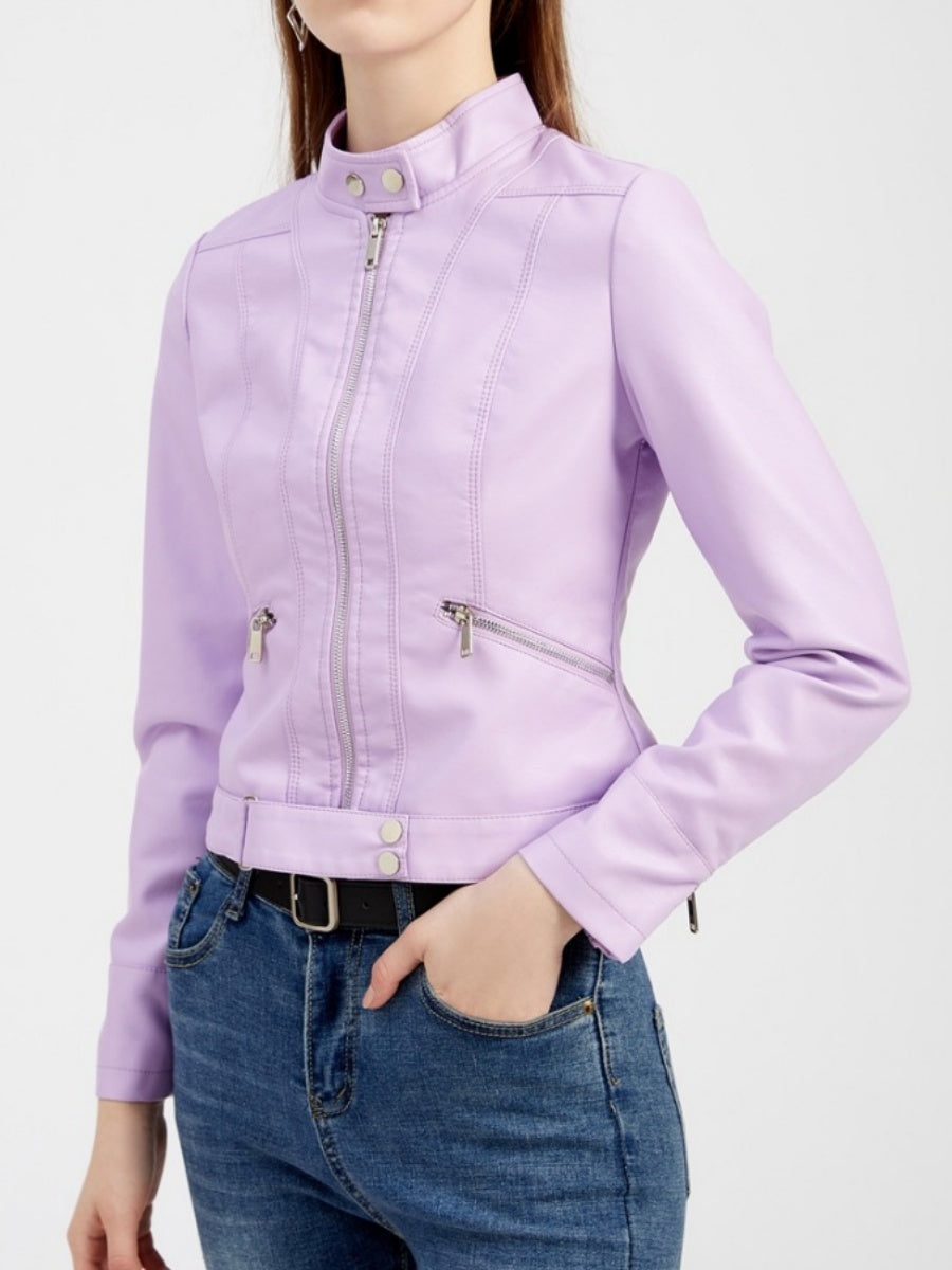 Three-dimensional Decoration Short Stand Collar Zippered Leather Jacket