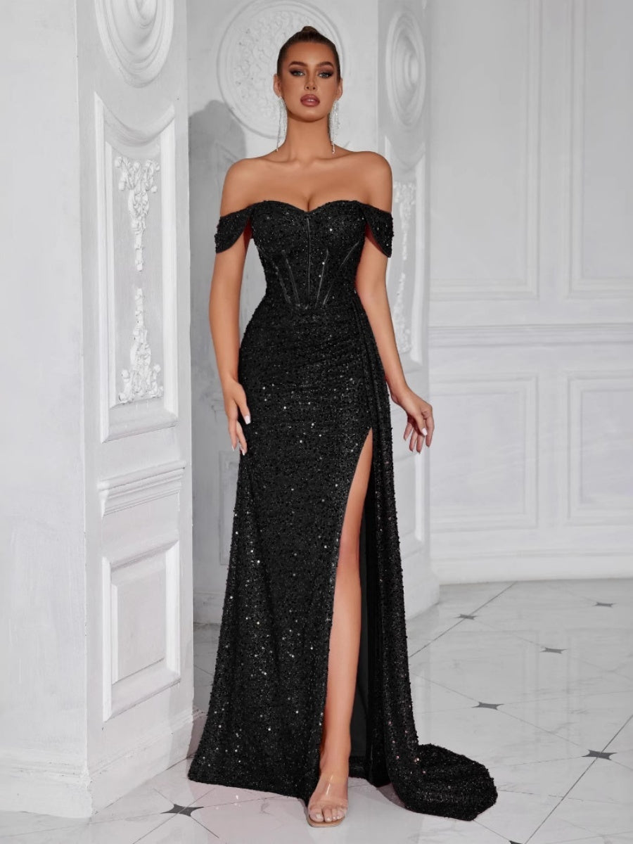 Sequined Strapless Sexy Banquet Dress With Slit, Long And Fitted