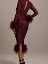 Feather-Trim Sequin Backless Slit Bodycon Dress