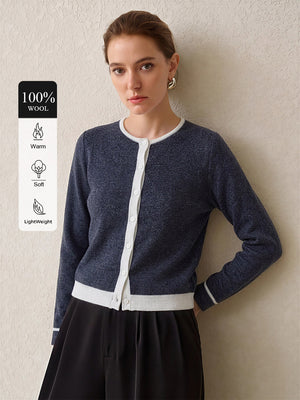 100% Wool Color Block Crew Neck Knit Cardigan