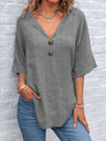Casual V-neck Short-sleeved Pullover With Multi-colored Buttons T-shirts