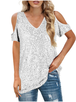 Sequins V-neck Off-shoulder Short-sleeved T-shirt