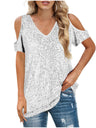 Sequins V-neck Off-shoulder Short-sleeved T-shirt