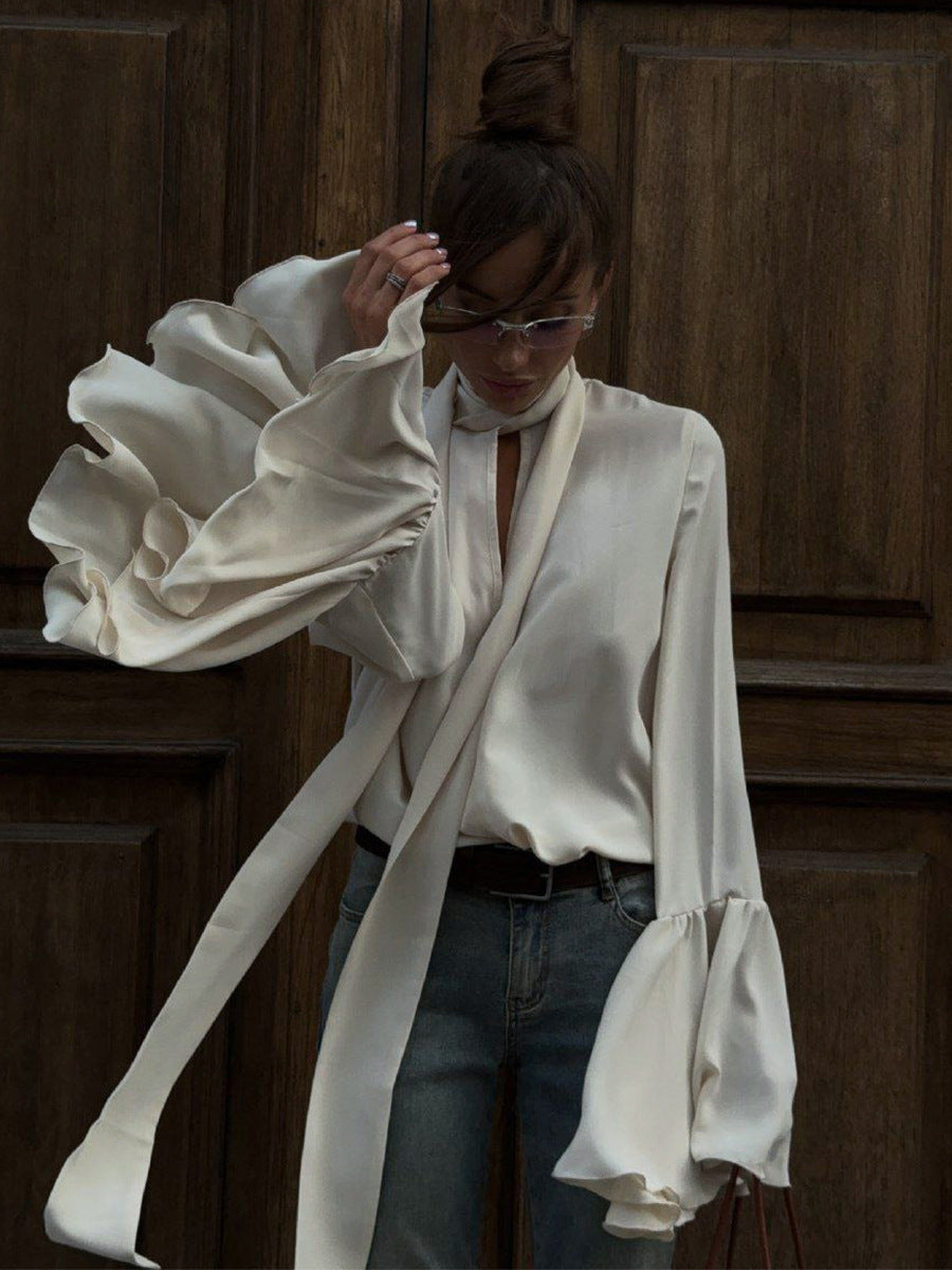 Elegant And Stylish Autumn New Style Ribbon Shirt With Ruffled Bell Sleeves