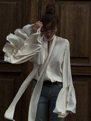 Elegant And Stylish Autumn New Style Ribbon Shirt With Ruffled Bell Sleeves