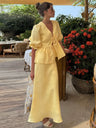 Two-piece Set: Puff-sleeved V-neck Tie-front Top And High-waisted Skirt