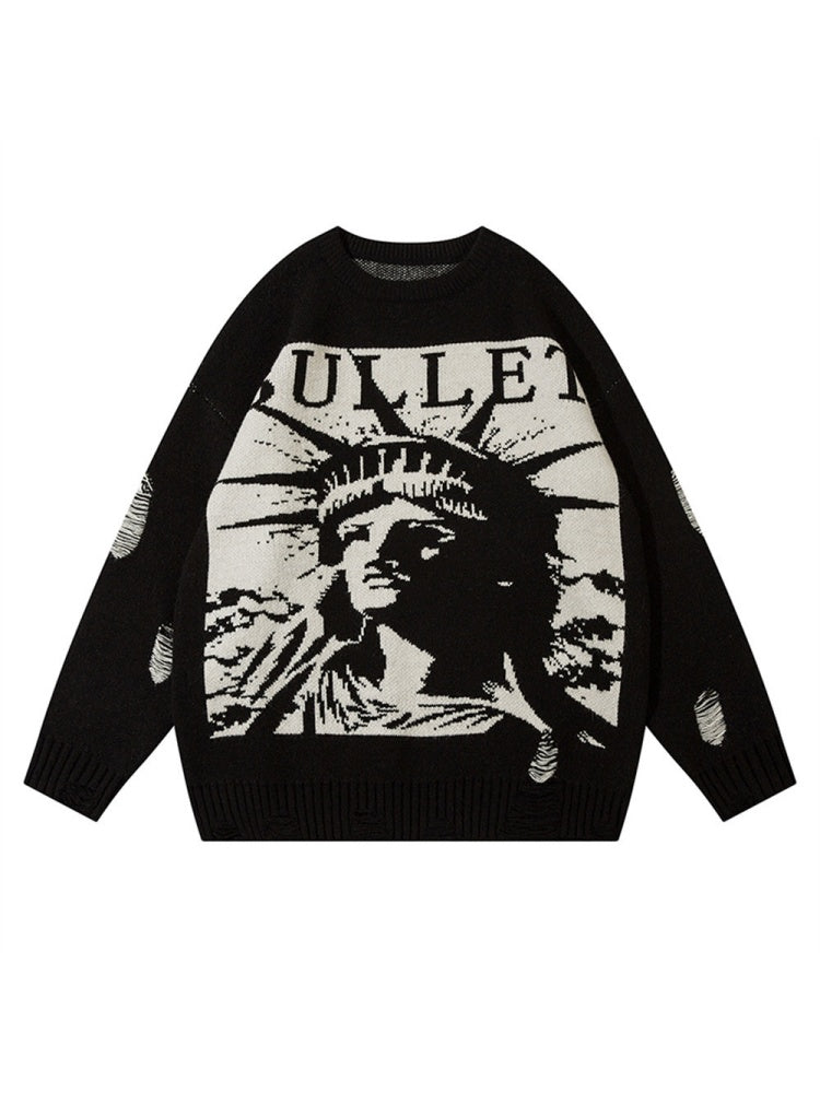 Halloween Retro Character Pattern Loose And Casual Destroyed Sweater