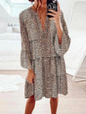 Leopard Print V-neck Long Sleeves Large Skirt Mini&Short Dresses