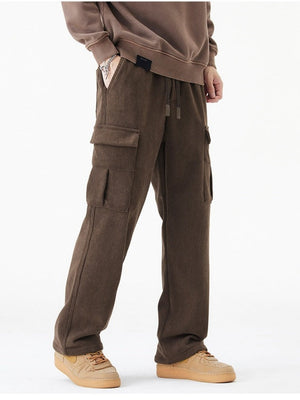 Corduroy Plush Loose Wide-leg Straight Cargo Trousers