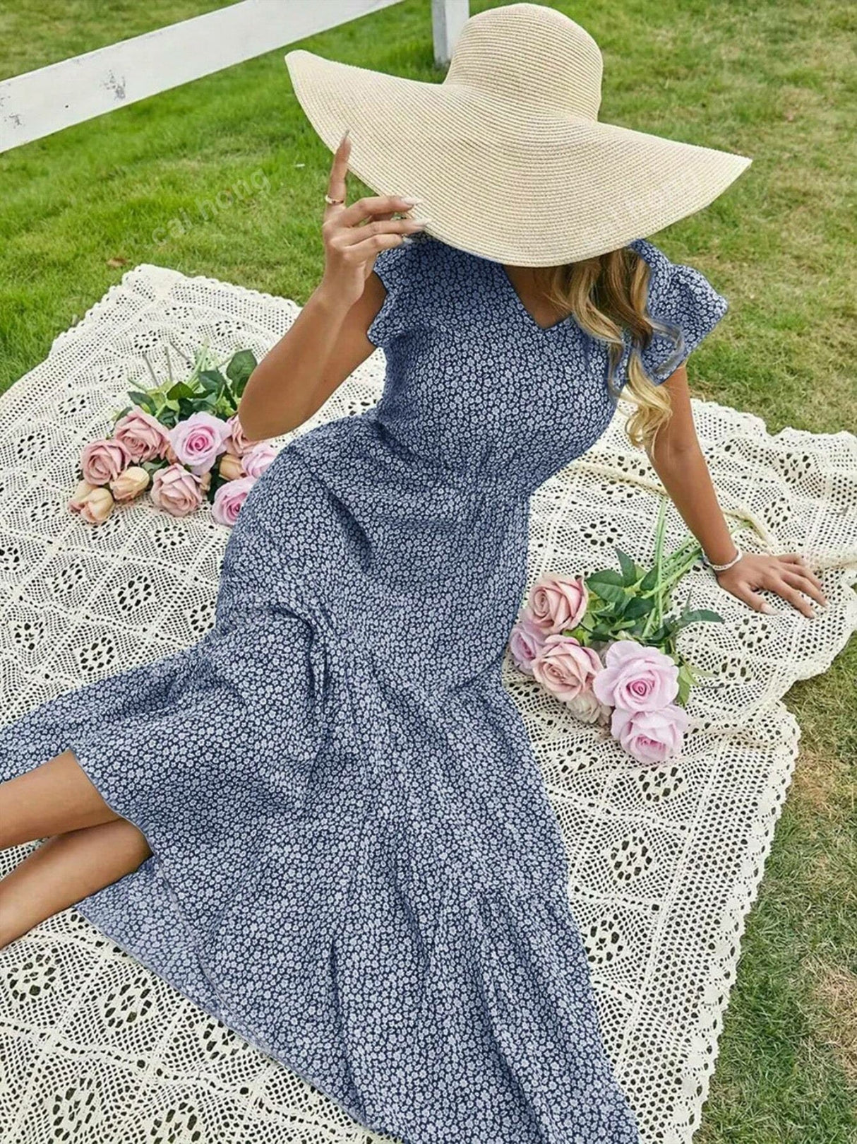 Floral Print V-neck Short Sleeve Maxi Dresses