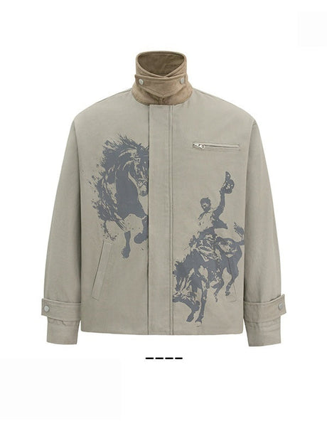 Printed Contrasting Colors Lapel Loose Work Jacket