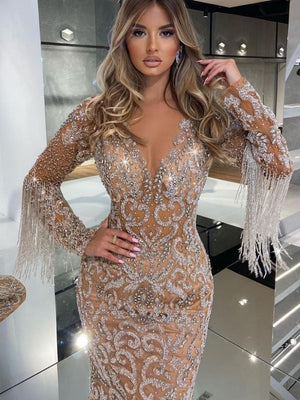 Deep V-neck Fishtail Sprinkled Gold Tassel Maxi Dresses