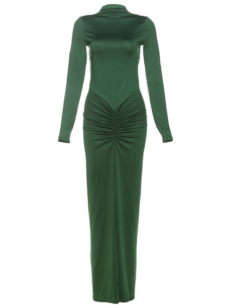 Pleated Splicing Sexy Waist Slimming Solid Color Long Skirt Temperament Dress For Women