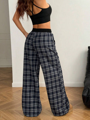 Plaid Drawstring Retro Drape Wide-leg Plaid Pants Elastic Waist Comfortable Straight Trousers