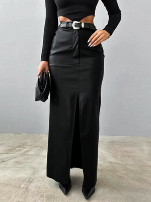 Leather Stitching High-waisted Slim Fit Hip Body Slit Long Skirts