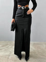 Leather Stitching High-waisted Slim Fit Hip Body Slit Long Skirts