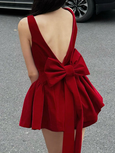 Bow Red Velvet Sexy Backless A-line Skirt Mini&Short Dresses