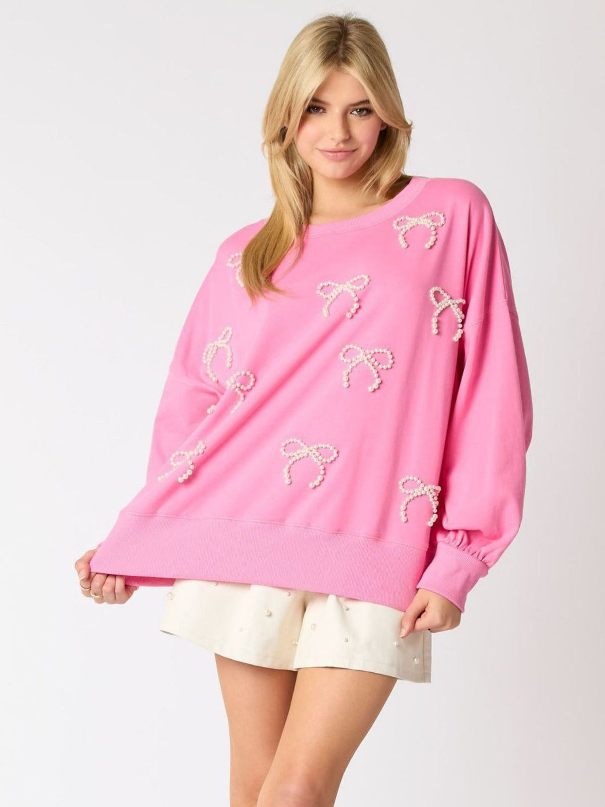 Christmas Pearl Bow Long Sleeve Top Casual Sweatshirt