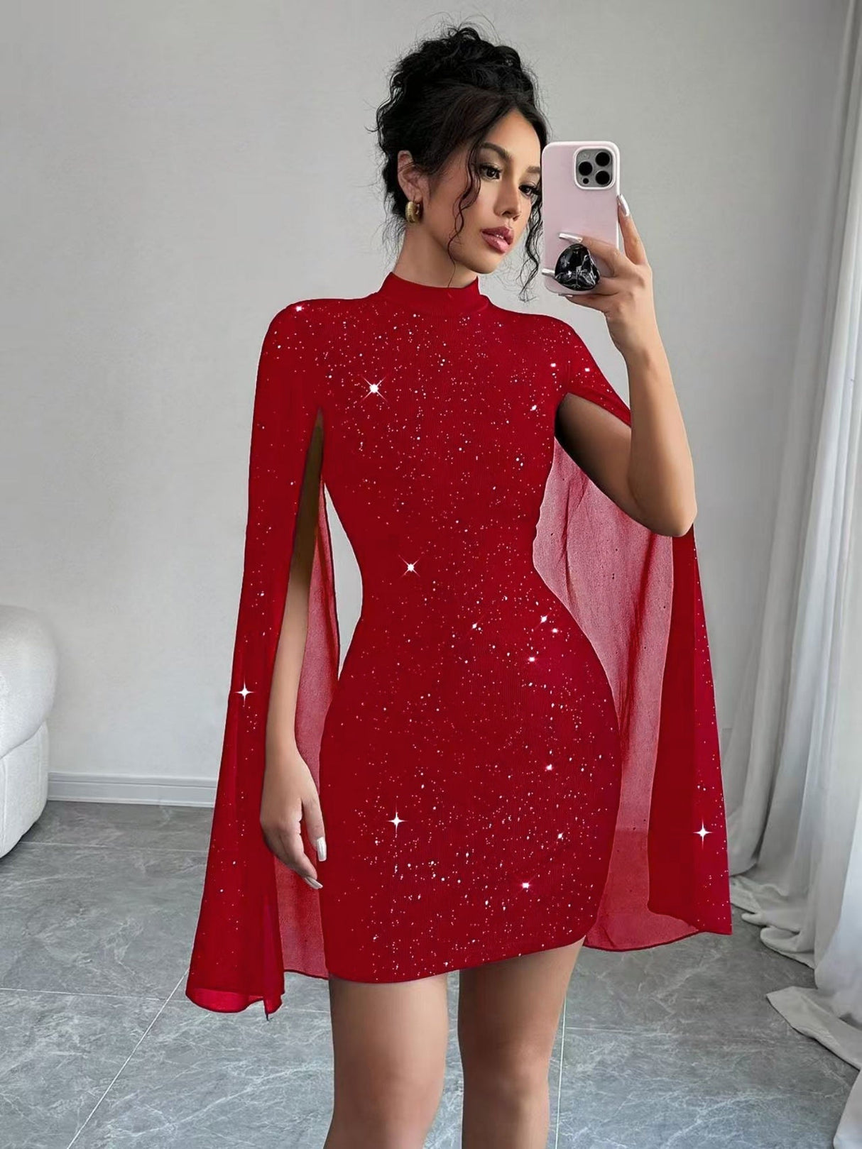 Turtleneck Sequins Chiffon Cape Lantern Sleeve Short Dress