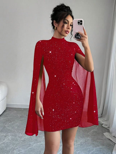 Turtleneck Sequins Chiffon Cape Lantern Sleeve Short Dress