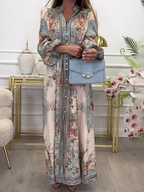 Robes maxi à imprimé floral, col en V et manches lanternes