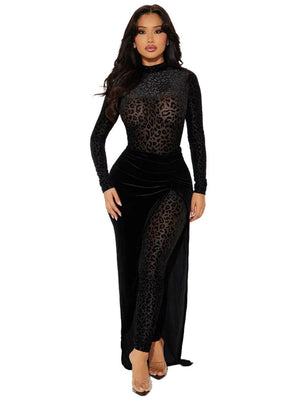 Sexy, durchsichtiges zweiteiliges Set aus Samt mit Leopardenmuster (Body/Hose)